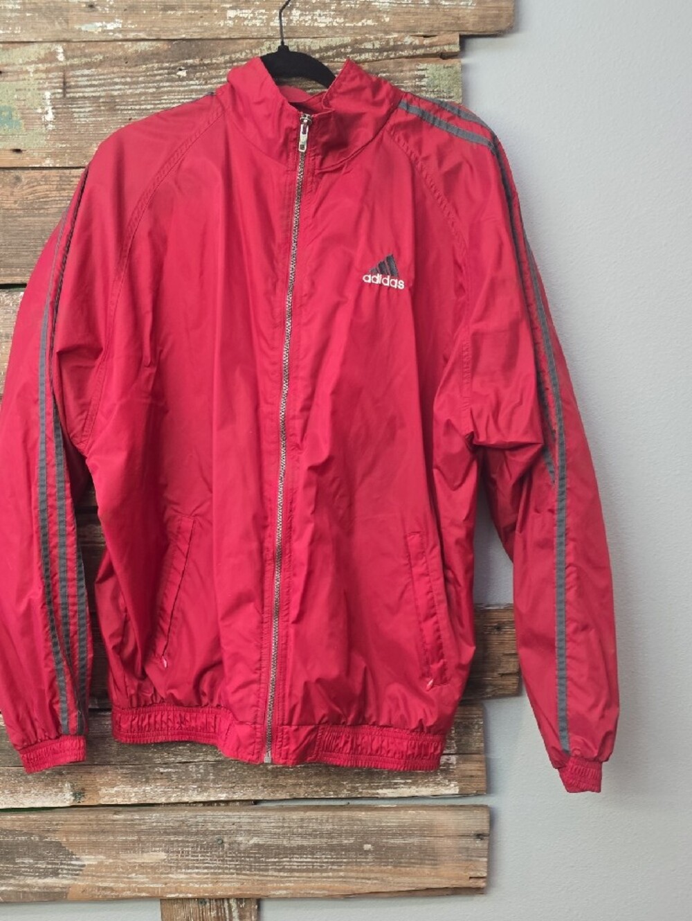 Adidas Red Full-Zip Men's Windbreaker with Striping size L